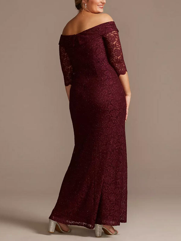 Off-the-Shoulder V-Neck Ruched Lace Gown