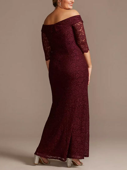 Off-the-Shoulder V-Neck Ruched Lace Gown
