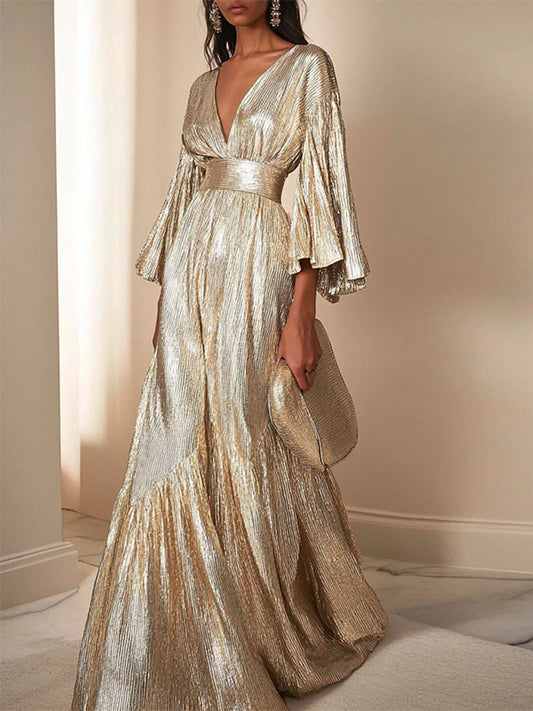 Champagne V-neck Maxi Dress