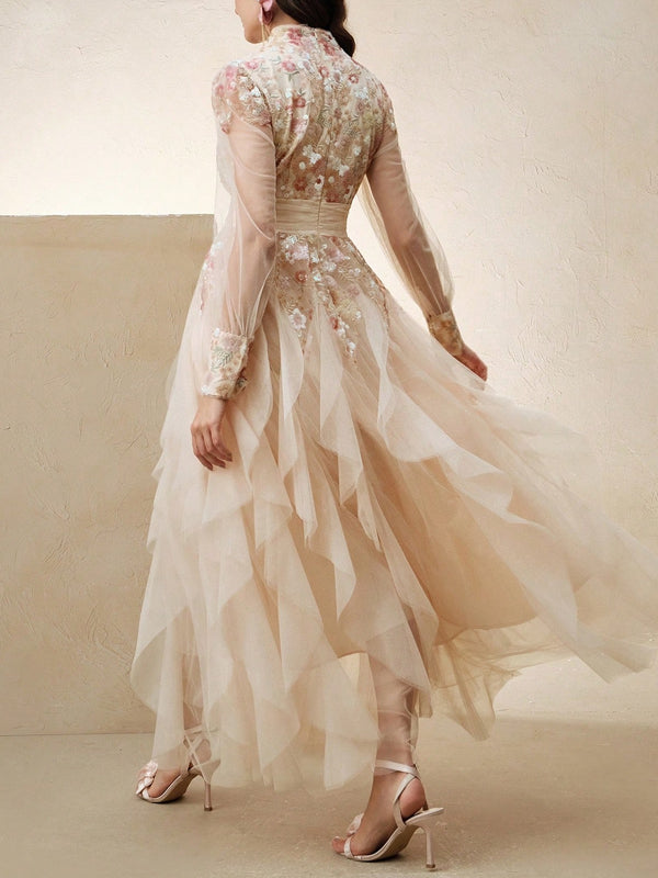 Women's Elegant Colorful Mesh Embroidered Dress