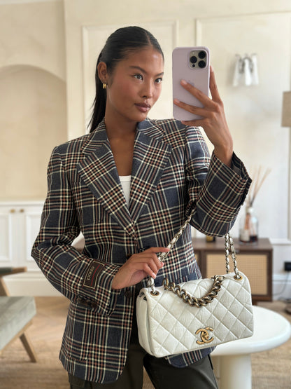 Chanel White Single Flap Bag Aged Calfskin Leather with Antique Gold Hardware