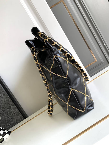 Chanel 22 Handbag 23B Shiny Calfskin Black Chain Quilt 35  x 37 x 7 cm