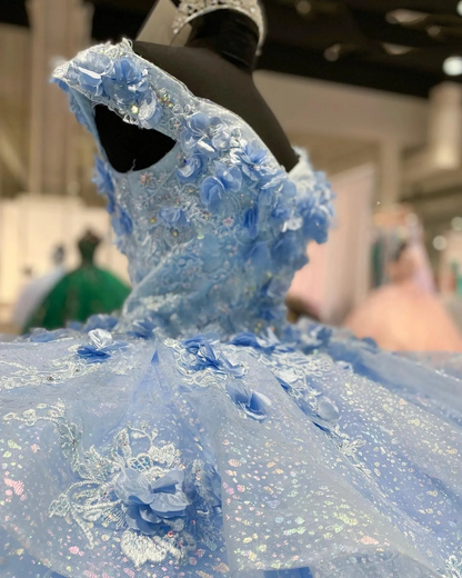 Light Blue Sparkly Off The Shoulder Appliques Prom Dress Quinceañera Dress Sweet 16 Prom Dress Ball Gown SH1136
