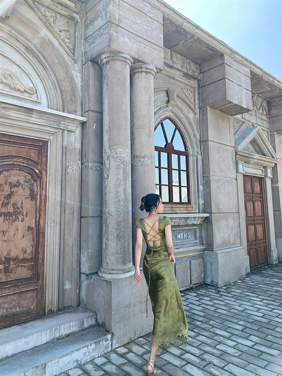 Sexy Mermaid V Neckline Short Sleeves Lace Green Floor Length Evening Dress Prom Dresses SD1604