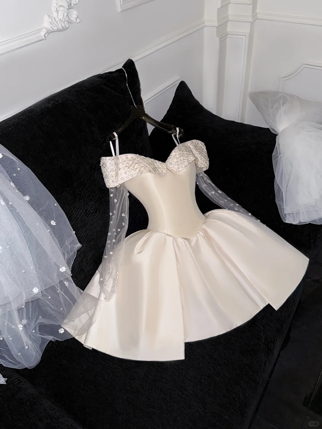 Cute A Line Off the Shoulder Beaded Ivory Satin Tulle Short Homecoming Dress Birthday Dress SH3099