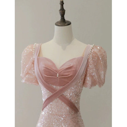 Princess A line Pink Short Sleeves Sequin Long Prom Dresses P1007