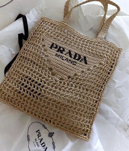 Prada Women's Natural Crochet Tote Bag-Khaki