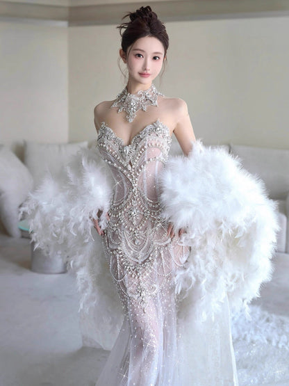Pretty Mermaid Tulle Beads Long Prom Dresses Formal Evening Dress   fg7547
