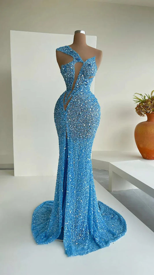 Blue gorgeous sexy sequins elegant long slit mermaid slim floor-length ball gown evening dress party dress gh3389