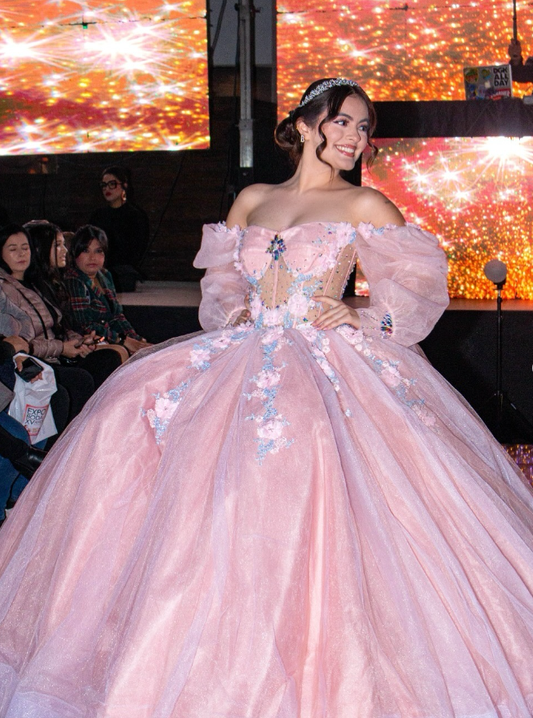 Romantic Poofy Pink Floral Wedding Dresses Off the Shoulder Ball Gown Quinceanera Dress SH2510