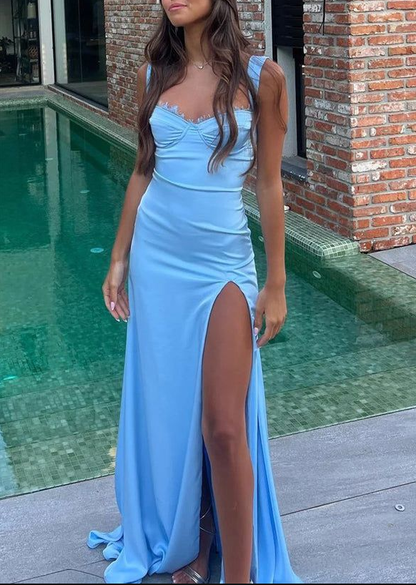 Blue Mermaid Straps Satin Long Prom Dress With Slit  SH1464