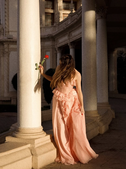 Princess A Line Sweetheart Neck Ruffle Light Pink Tulle Prom Dress Evening Dress with Slit SH2196