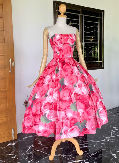 Vintage Pink A Line Strapless Print Flower Satin Prom Dress Evening Dress SH2292