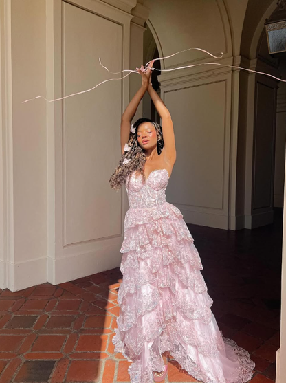 Princess A Line Sweetheart Neck Corset Appliques Pink Tulle Prom Dress Evening Dress SH2177