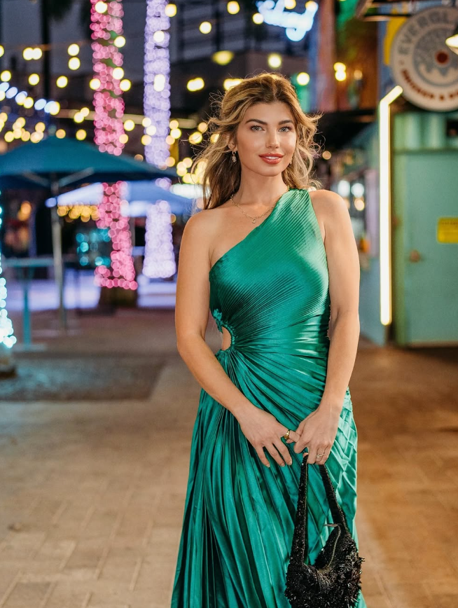 2025 New A Line One Shoulder Green Satin Long Prom Dress Evening Dress SH2328