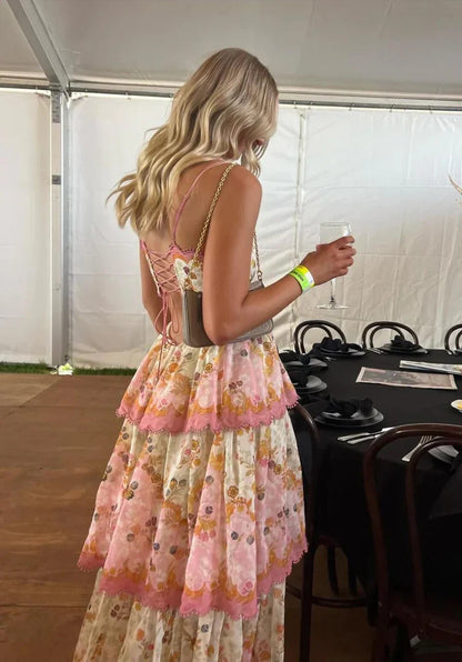 Orange fashion sweet floral layered lace long prom dress evening gown garden party dress gh2895