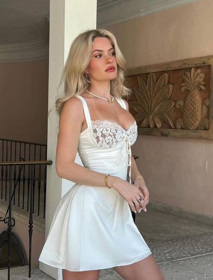 White A Line Straps Lace Satin Short Homecoming Dress Cocktail Dress SH3253