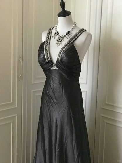 ___Black beaded mysterious and noble black swan vintag Downton Abbey deep V long satin ball gown evening dress gh4390