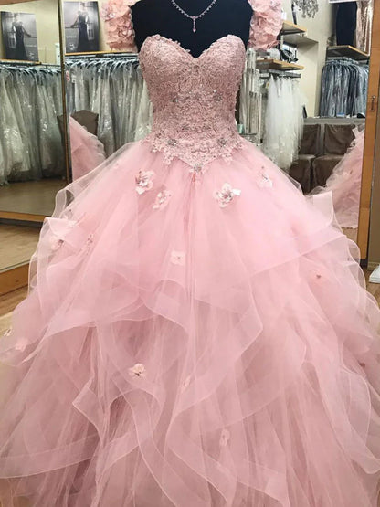 Pink gorgeous sweet heart-shaped neckline exquisite floral lace long tulle princess ball gown evening dress sweet 16-year-old adult ceremony dress gh905