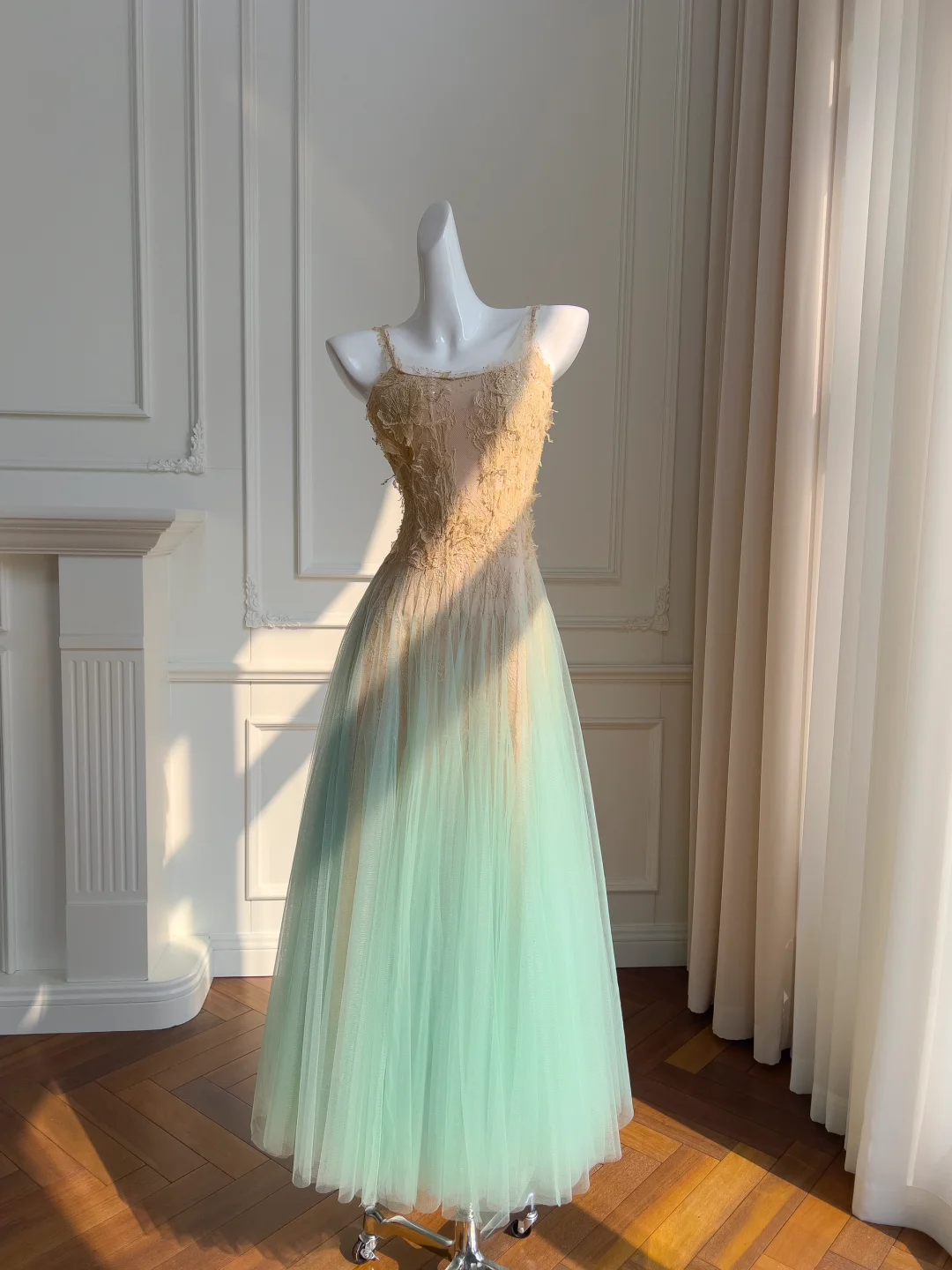 Stunning A Line Spaghetti Strap Brown Lace Green Tulle Prom Dress Evening Dress SH3012