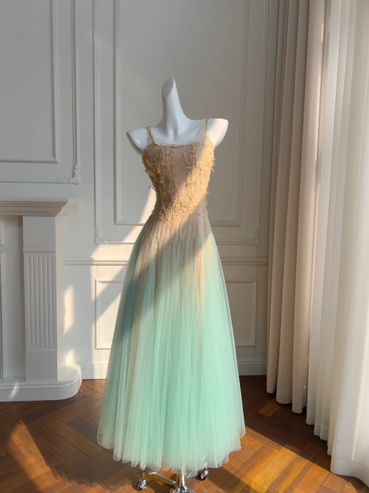 Stunning A Line Spaghetti Strap Brown Lace Green Tulle Prom Dress Evening Dress SH3012