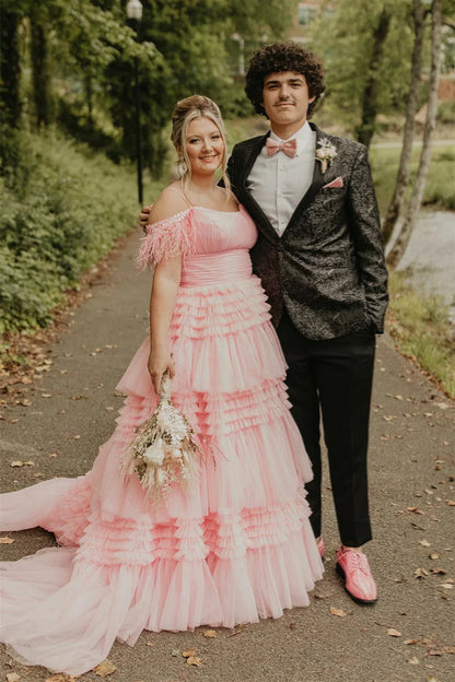 Plus Size Off The Shoulder Pink Ruffles A-Line Party Prom Dress