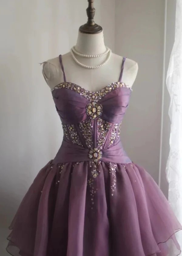 Vintage Purple Spaghetti Straps Purple Tulle Rhinestones Short Homecoming Dress A Line Cocktail Dress S442