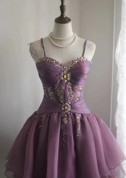 Vintage Purple Spaghetti Straps Purple Tulle Rhinestones Short Homecoming Dress A Line Cocktail Dress S442