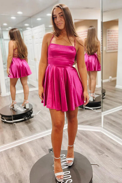 PM541,Hot Pink Satin Lace Up Back Homecoming Dress