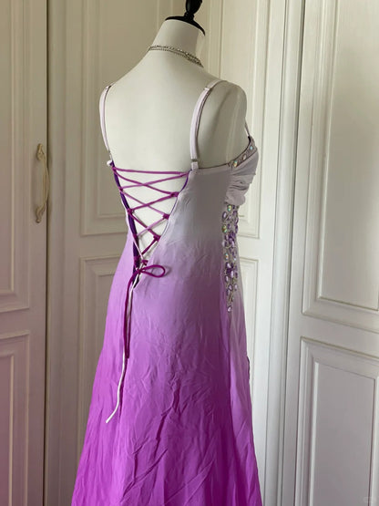 Pink Purple Gradient Fashion Elegant Retro Rhinestone Long Chiffon Ball Gown Evening Dress gh4339