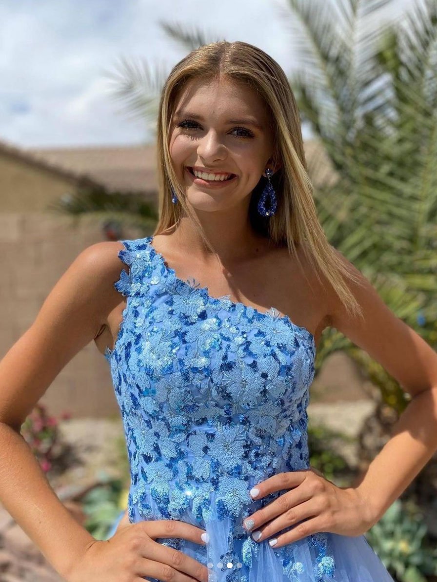 Blue one shoulder tulle long prom dress blue evening dresses