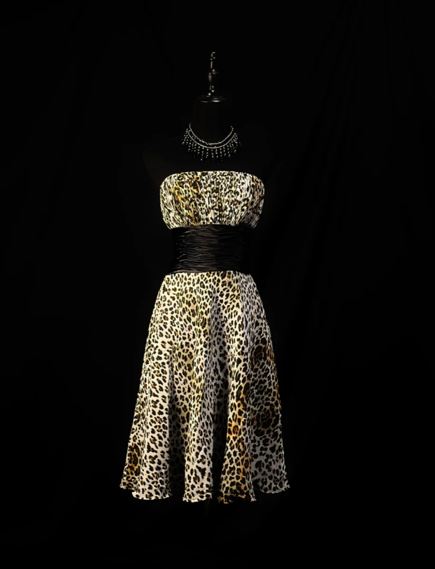 Vintage Leopard Chiffon Beaded Homecoming Dress Strapless Cocktail Dress S428