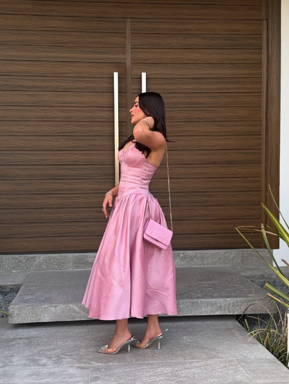 Cute A Line Halter Pink Satin Open Back Prom Dress Graduation Prom Dress SH2468
