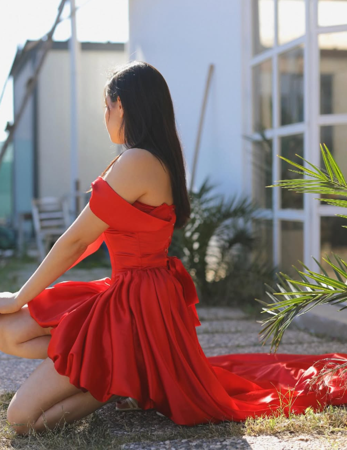 Sexy A Line Off the Shoulder Corset Red Satin Long Short Prom Dress Evening Dress SH2100