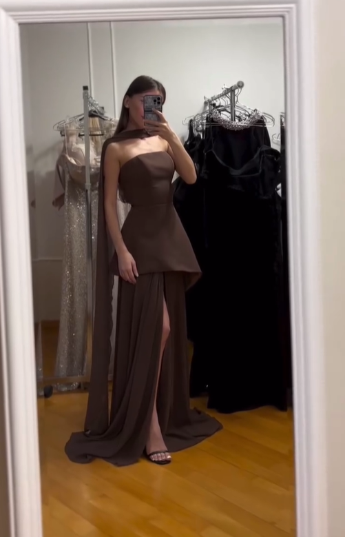 White Flowy Simple A Line Strapless Satin Chiffon Prom Dress Formal Dress with Slit SH3746