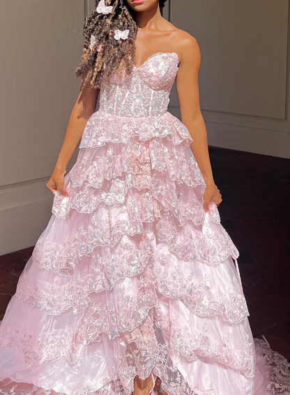 Princess A Line Sweetheart Neck Corset Appliques Pink Tulle Prom Dress Evening Dress SH2177