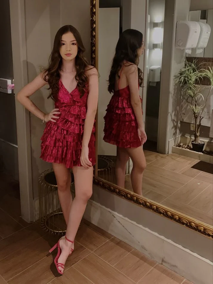 Sexy Red V Neck Spaghetti Straps Layered A Line Graduation Homecoming Dress Short Party Dress S702