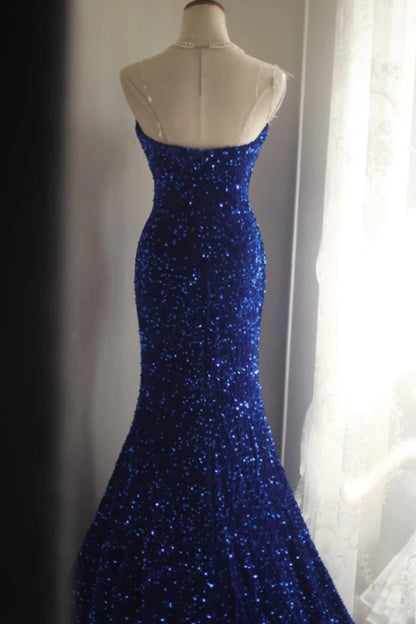 Royal blue fishtail evening dress custom velvet Sequins beaded side slit pleated wedding adult ceremony birthday party gh4326
