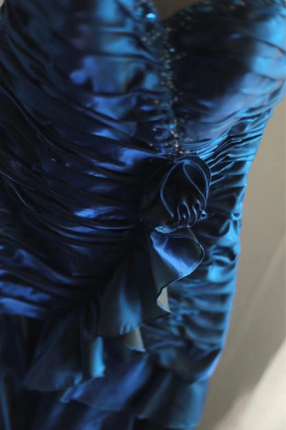 Blue Beaded Floral Homecoming Dress Short Satin Ball Gown Evening Gown Graduation Gown gh4495
