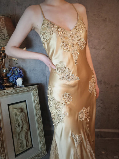 Champagne gold satin beautiful vintage beaded lace ball gown evening dress party dress gh4793