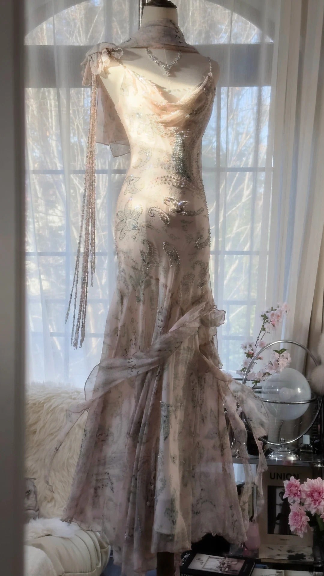 Pink Romantic Fashion Elegant Exquisite Beaded Spaghetti Straps Long Tulle Chiffon Ruffle Ball Gown Evening Dress Party Dress gh4057