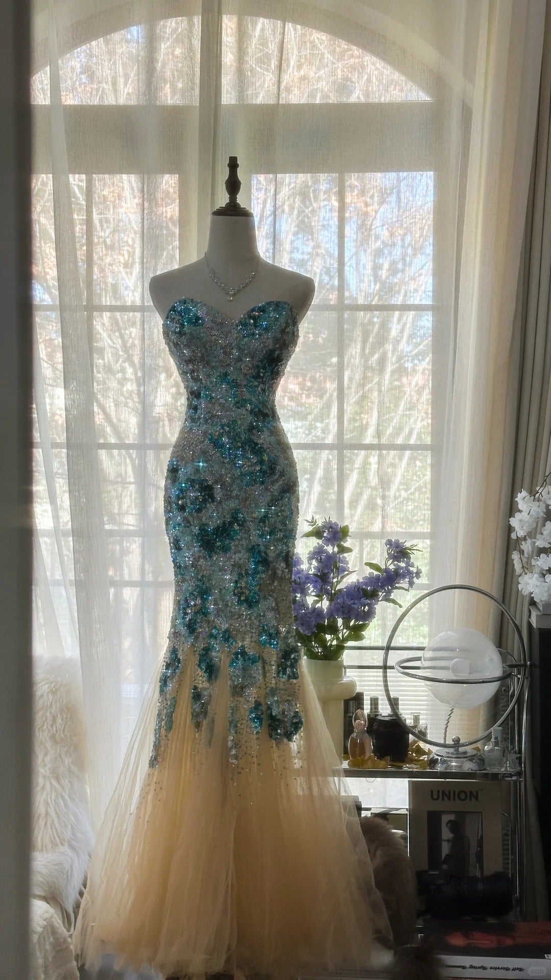 Blue Gorgeous Shiny Exquisite Beaded Long Chiffon Tulle Sequin Ball Gown Evening Gown Party Gown Birthday Gown Date Gown gh4162