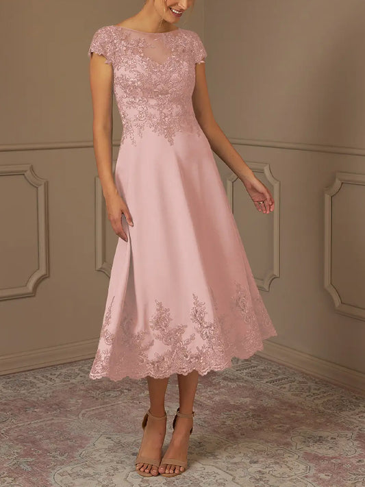 Round Neck Lace Short Sleeve Solid Color Midi Dress