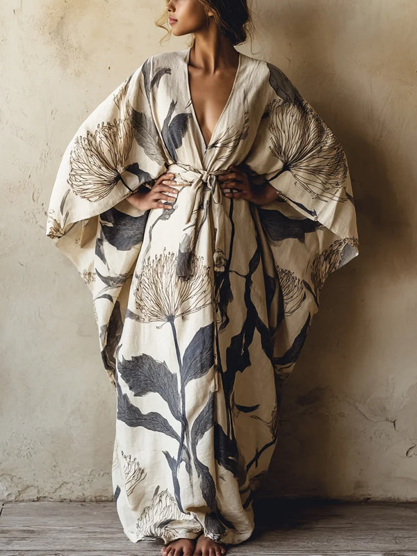 Grey V-neck Cotton And Linen Printed Robe Dress