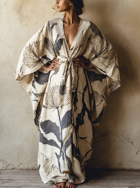 Grey V-neck Cotton And Linen Printed Robe Dress