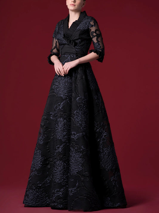 V-neck Lace Solid Color Maxi Dress