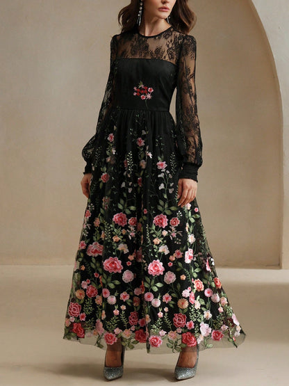 Floral Embroidered Lace Transparent Lantern Sleeves Dress