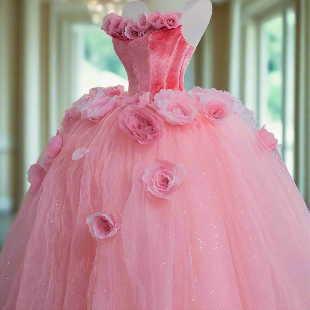 Pink Floral Long Velvet Tulle Quinceanera Gowns Ball Gown Evening Dress gh4885