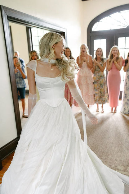 Simple Classic White A Line Strap Satin Tulle Long Prom Dress Wedding Dress SH3657