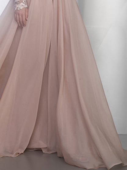 Long Illusion Sleeve Ball Gown